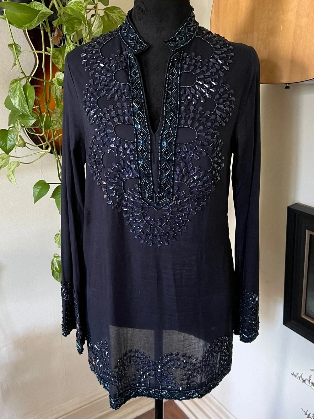 Tory Burch Beaded Navy Blue Tunic Size 8
